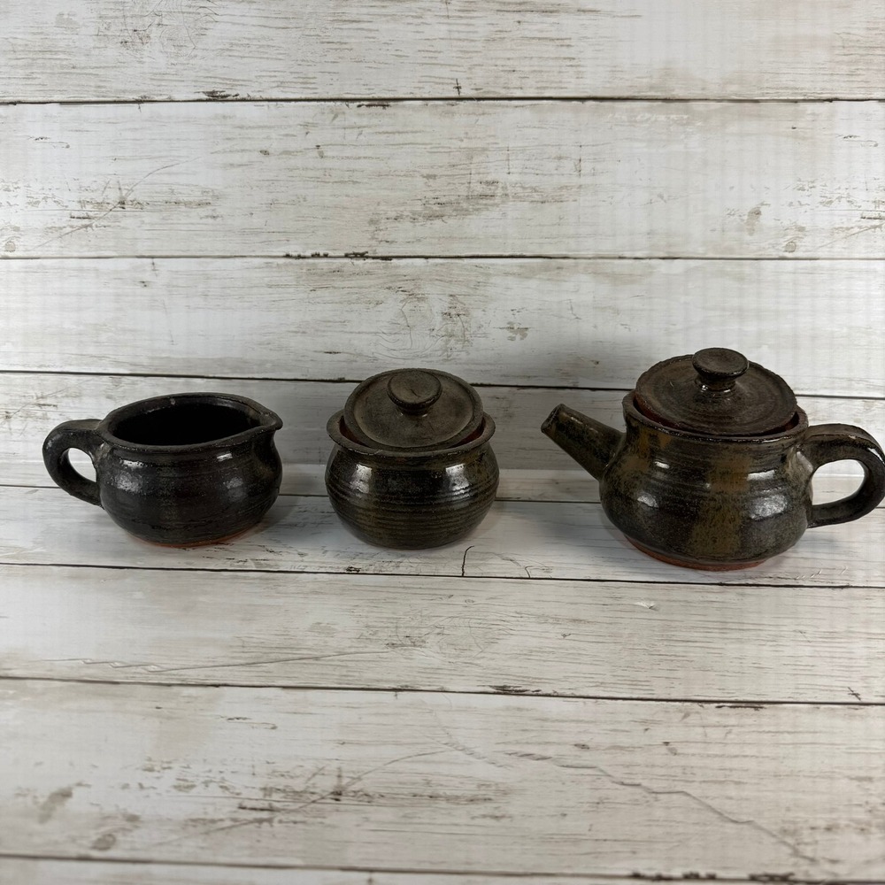 Vintage JC Studio Pottery Tea Set Teapot Lidded Sugar Bowl Creamer Dark Glaze